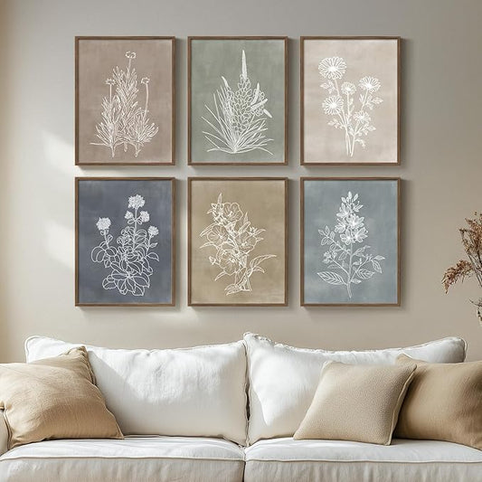 Framed Botanical Wall Art for Living Room, 6 Piece Neutral Rustic Vintage Floral Paintings Canvas Prints for Bathroom Bedroom