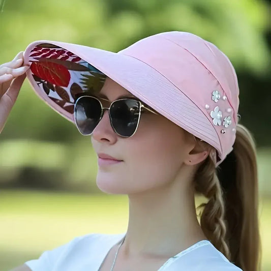 Beaded Flower Decor Visor Hats